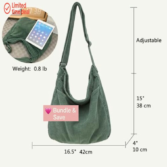 Corduroy Tote Bag with Zipper, Adjustable Strap, Large Capacity - Picture 4 of 8